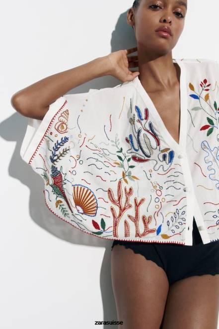 Zara vêtements P66V400 femmes blouse en coton brodé blanc d'huître