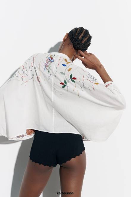 Zara vêtements P66V400 femmes blouse en coton brodé blanc d'huître