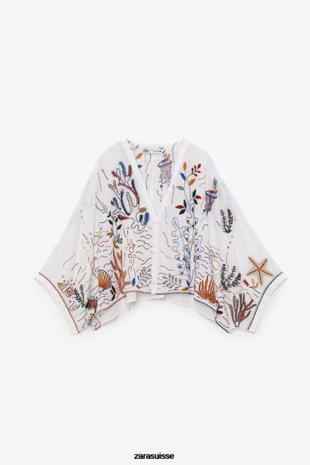 Zara vêtements P66V400 femmes blouse en coton brodé blanc d'huître