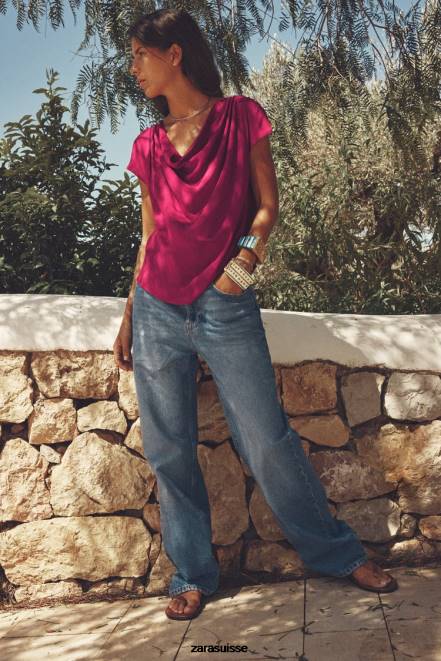 Zara vêtements P66V403 femmes haut drapé framboise