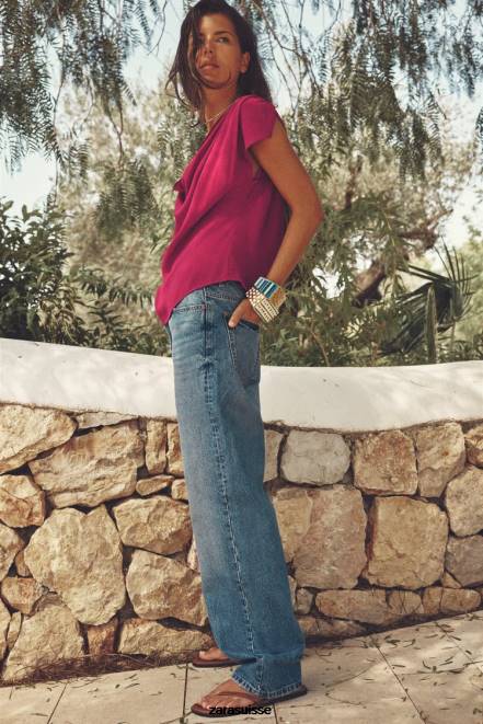 Zara vêtements P66V403 femmes haut drapé framboise