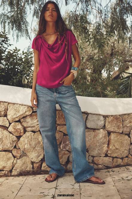 Zara vêtements P66V403 femmes haut drapé framboise