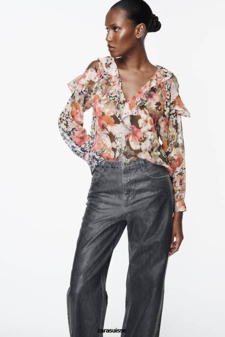 Zara vêtements P66V404 femmes chemise à imprimé floral multicolore