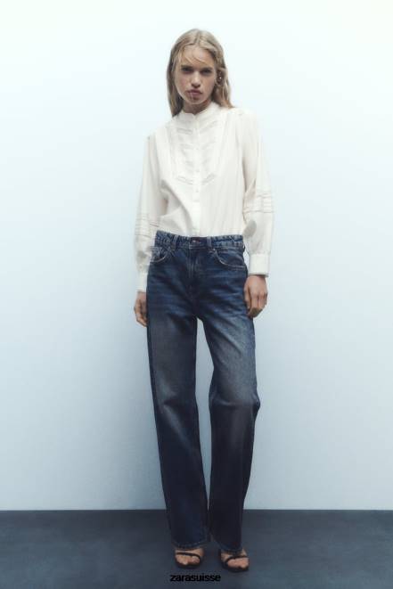 Zara vêtements P66V405 femmes chemise en popeline à empiècements en dentelle écru