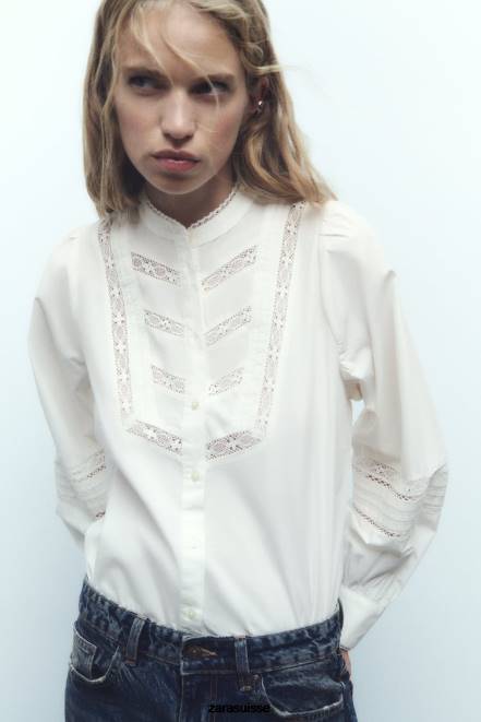 Zara vêtements P66V405 femmes chemise en popeline à empiècements en dentelle écru