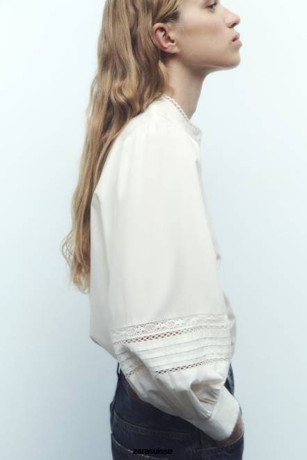Zara vêtements P66V405 femmes chemise en popeline à empiècements en dentelle écru