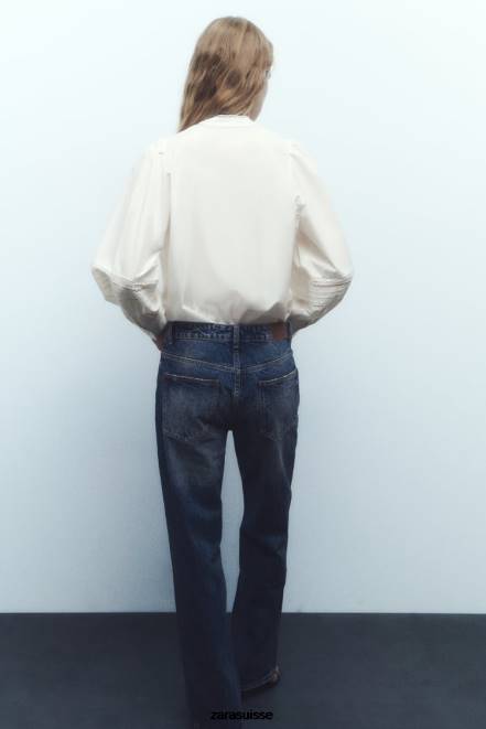 Zara vêtements P66V405 femmes chemise en popeline à empiècements en dentelle écru