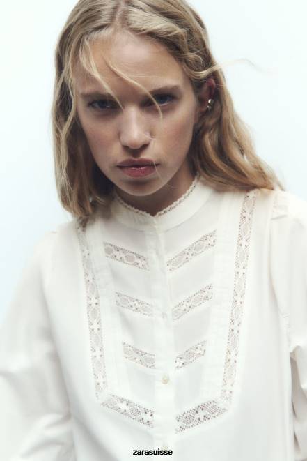Zara vêtements P66V405 femmes chemise en popeline à empiècements en dentelle écru