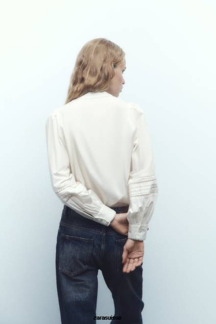 Zara vêtements P66V405 femmes chemise en popeline à empiècements en dentelle écru