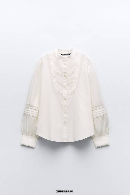Zara vêtements P66V405 femmes chemise en popeline à empiècements en dentelle écru