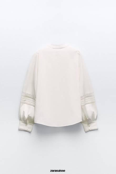 Zara vêtements P66V405 femmes chemise en popeline à empiècements en dentelle écru
