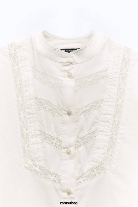 Zara vêtements P66V405 femmes chemise en popeline à empiècements en dentelle écru