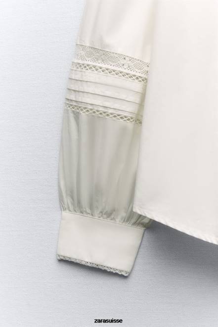 Zara vêtements P66V405 femmes chemise en popeline à empiècements en dentelle écru