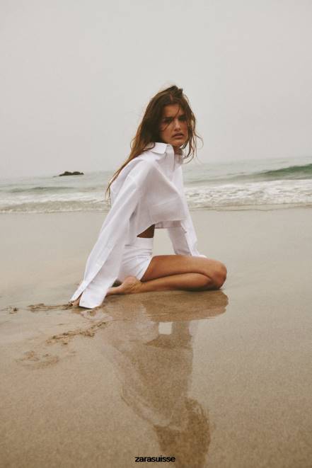 Zara vêtements P66V414 femmes chemise courte en popeline blanc