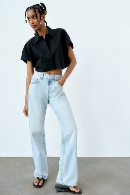 Zara vêtements P66V415 femmes chemise courte en popeline noir