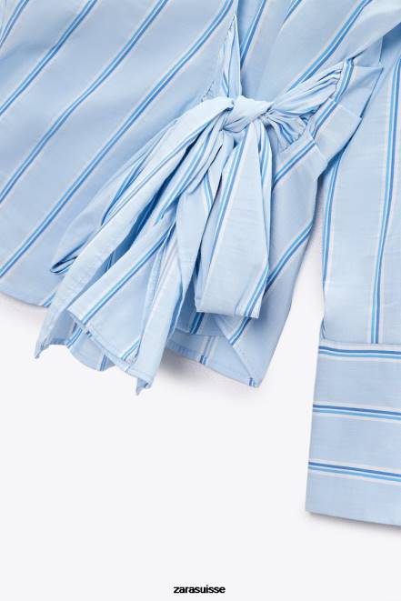 Zara vêtements P66V416 femmes chemise rayée avec cravate bleu blanc