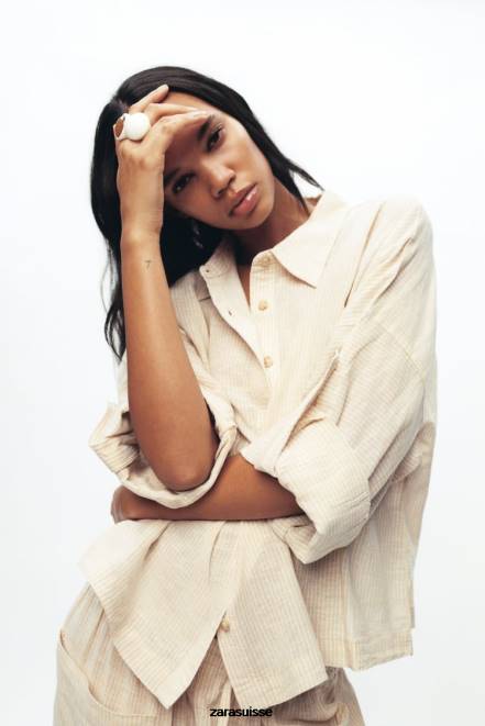 Zara vêtements P66V417 femmes chemise rayée en lin mélangé écru/beige