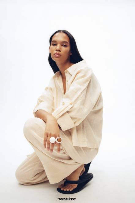 Zara vêtements P66V417 femmes chemise rayée en lin mélangé écru/beige