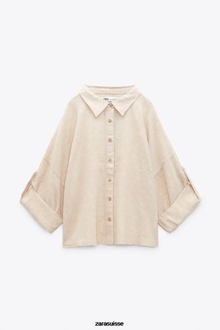 Zara vêtements P66V417 femmes chemise rayée en lin mélangé écru/beige