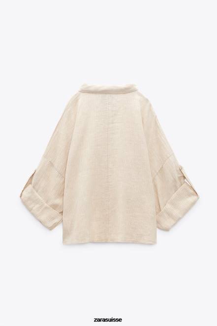 Zara vêtements P66V417 femmes chemise rayée en lin mélangé écru/beige