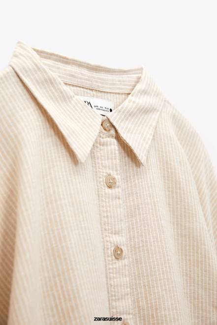 Zara vêtements P66V417 femmes chemise rayée en lin mélangé écru/beige