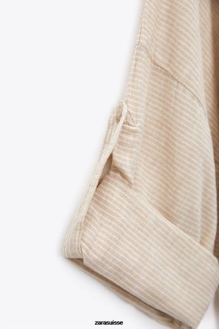 Zara vêtements P66V417 femmes chemise rayée en lin mélangé écru/beige