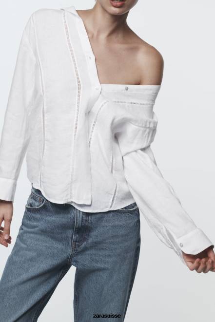Zara vêtements P66V418 femmes chemise en lin avec empiècement en dentelle blanc