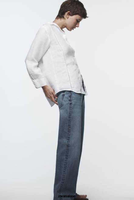 Zara vêtements P66V418 femmes chemise en lin avec empiècement en dentelle blanc