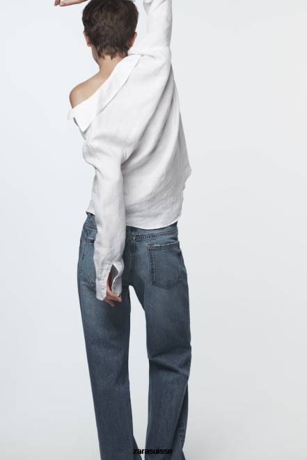 Zara vêtements P66V418 femmes chemise en lin avec empiècement en dentelle blanc