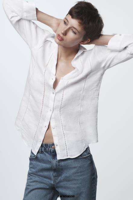Zara vêtements P66V418 femmes chemise en lin avec empiècement en dentelle blanc