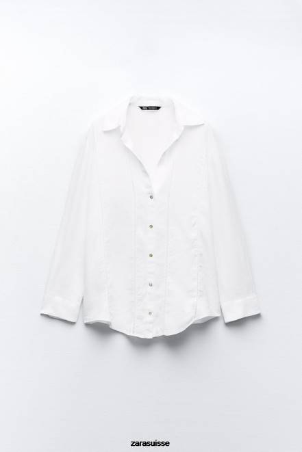 Zara vêtements P66V418 femmes chemise en lin avec empiècement en dentelle blanc