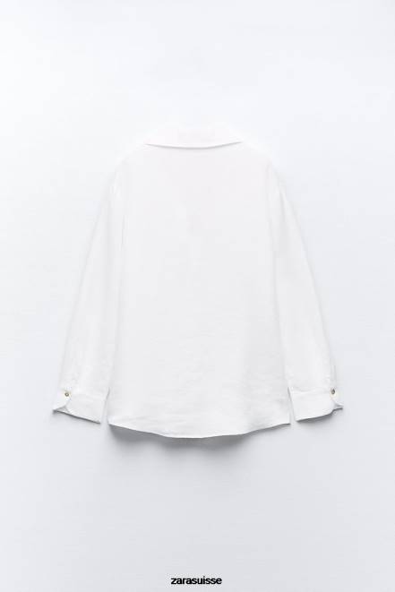 Zara vêtements P66V418 femmes chemise en lin avec empiècement en dentelle blanc