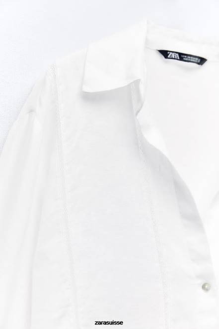 Zara vêtements P66V418 femmes chemise en lin avec empiècement en dentelle blanc
