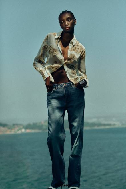 Zara vêtements P66V419 femmes chemise à imprimé floral sable/bleu