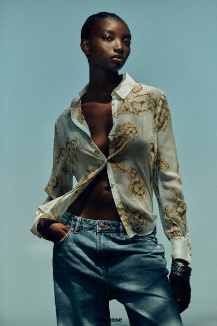 Zara vêtements P66V419 femmes chemise à imprimé floral sable/bleu