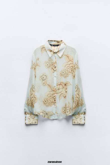 Zara vêtements P66V419 femmes chemise à imprimé floral sable/bleu