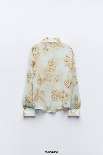 Zara vêtements P66V419 femmes chemise à imprimé floral sable/bleu