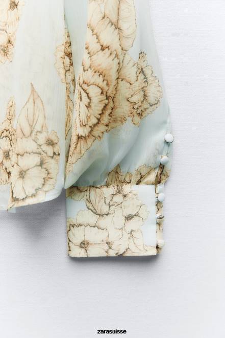 Zara vêtements P66V419 femmes chemise à imprimé floral sable/bleu