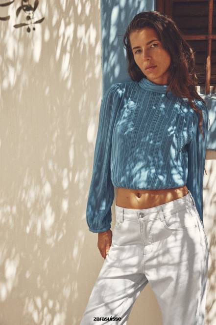 Zara vêtements P66V420 femmes haut plissé à dos ouvert bleu moyen