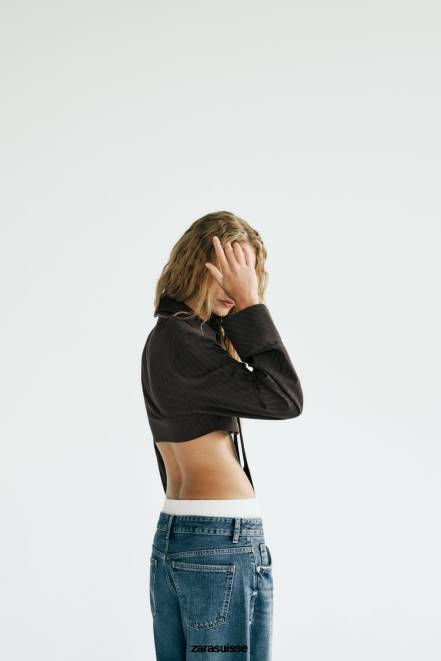 Zara vêtements P66V422 femmes chemise courte à rayures avec cravate marron/bleu