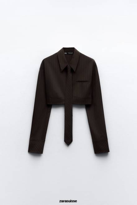 Zara vêtements P66V422 femmes chemise courte à rayures avec cravate marron/bleu