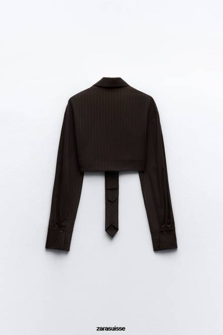 Zara vêtements P66V422 femmes chemise courte à rayures avec cravate marron/bleu