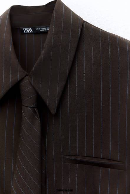 Zara vêtements P66V422 femmes chemise courte à rayures avec cravate marron/bleu