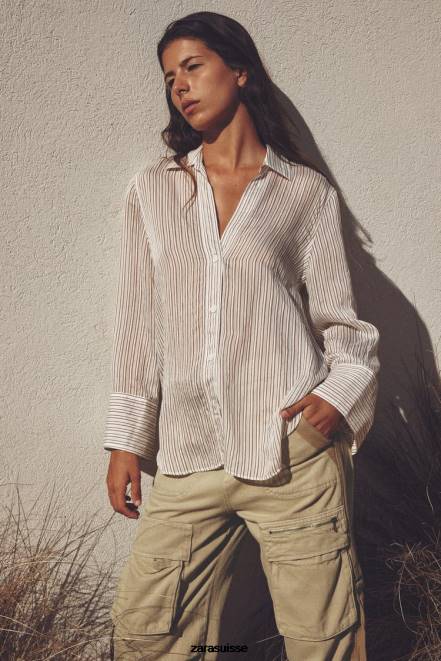 Zara vêtements P66V423 femmes chemise rayée écru/marron