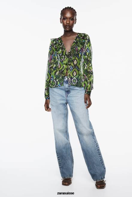 Zara vêtements P66V427 femmes chemise à volants et empiècement en dentelle imprimée multicolore