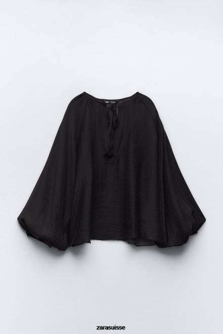 Zara vêtements P66V428 femmes blouse à manches ballon noir