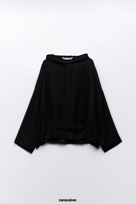 Zara vêtements P66V430 femmes blouse semi-transparente à capuche noir