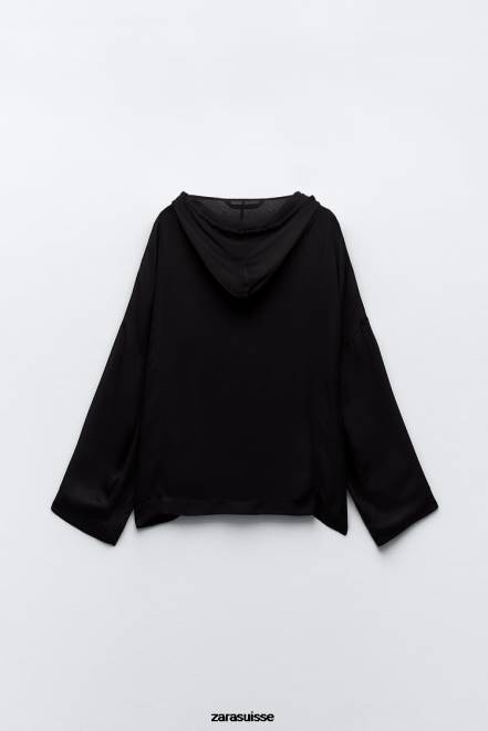 Zara vêtements P66V430 femmes blouse semi-transparente à capuche noir