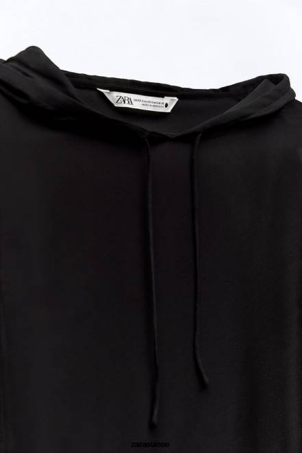 Zara vêtements P66V430 femmes blouse semi-transparente à capuche noir