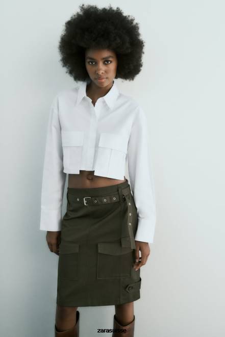 Zara vêtements P66V432 femmes chemise raccourcie en gabardine blanc